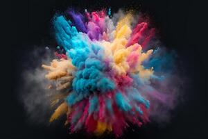 explosão do nublado, colorida pó. congelar movimento do cor pó explodindo, em Preto fundo, generativo ai. foto
