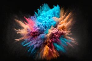 explosão do nublado, colorida pó. congelar movimento do cor pó explodindo, em Preto fundo, generativo ai. foto