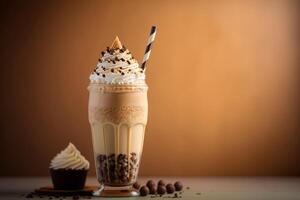 vidro delicioso frappe com açoitado creme e chocolate xarope generativo ai foto