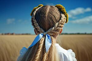 pequeno menina com uma trançado trança do azul amarelo fitas uma símbolo do Ucrânia generativo ai foto