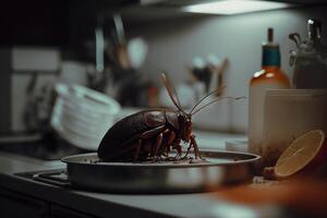 grande barata dentro a cozinha mesa generativo ai foto