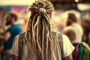 hippie homem com tranças dentro festival costas Visão ilustração generativo ai foto