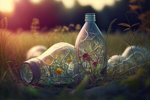 poluição plástico natureza garrafas em a Relva ilustração generativo ai foto