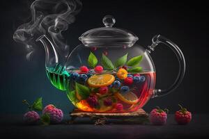 quente fruta chá com bagas dentro uma vidro chaleira generativo ai foto