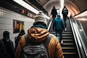 homem escalada acima a escadas em cidade túnel casual estilo de vida ilustração generativo ai foto