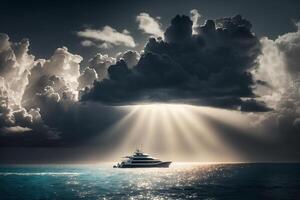 Navegando mar iate velas debaixo a Sol raios a partir de a nuvens generativo ai foto