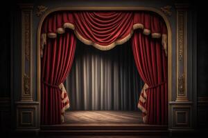 esvaziar teatro etapa com vermelho cortinas generativo ai foto