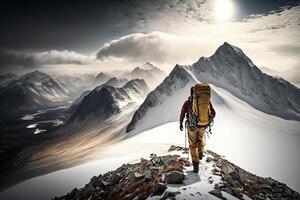 escalar homem sobe Nevado montanha ilustração generativo ai foto