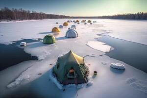 inverno gelo pescaria dentro tendas generativo ai foto