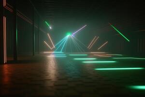verde lasers em a esvaziar dança chão dentro uma Boate, ilustração generativo ai foto