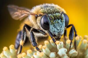 uma abelha coleta pólen a partir de uma flor generativo ai foto