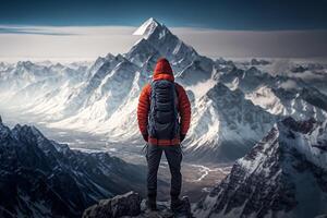 homem montanha alpinista dentro Nevado inverno ilustração generativo ai foto