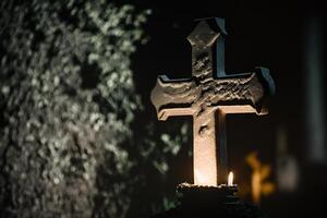 metal Cruz de luz feixe, fé dentro Deus generativo ai foto