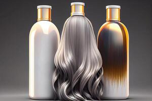 prata e ouro xampu e gel garrafas e cabelo peruca, cabelo cosméticos para banho tratamentos ilustração generativo ai foto