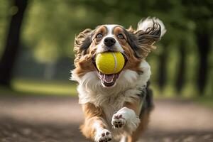 cachorros dentro a parque jogando com uma bola generativo ai foto