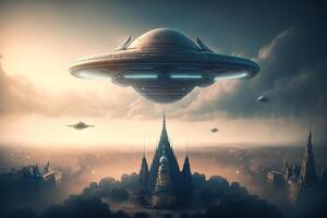 cinematográfico UFO espaço pratos sobre a cidade metrópole ilustração generativo ai foto