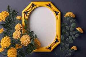 amarelo cinzento fundo com flores e esvaziar espaço dentro branco quadro, Armação generativo ai foto