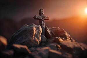 uma pedra Cruz em uma Rocha e a raios do a sol, conceito fé dentro Deus generativo ai foto