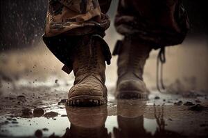 soldado chuteiras dentro a chuva, mau clima dentro a guerra ilustração generativo ai foto