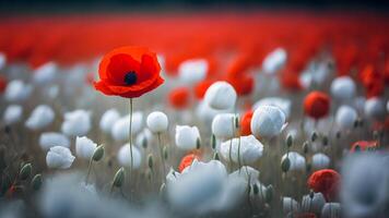 uma campo com branco papoilas e 1 vermelho flor flor generativo ai foto
