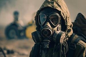 homem dentro gás máscara, química guerra generativo ai foto