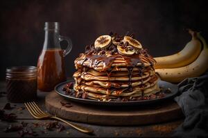 uma pilha fofo panquecas com fatiado banana e chocolate xarope generativo ai foto