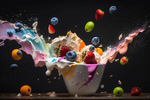 fruta iogurte respingo leite golpe sabores ilustração generativo ai foto