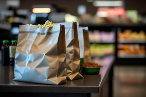 papel bolsas às a mercearia loja às a Verificação de saída generativo ai foto