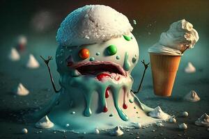 engraçado boneco de neve comendo gelo ilustração creme generativo ai foto