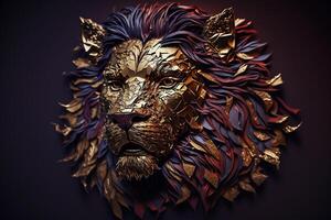 luxo leão face mascarar bilhão fusão do Sombrio roxa ouro metal generativo ai foto
