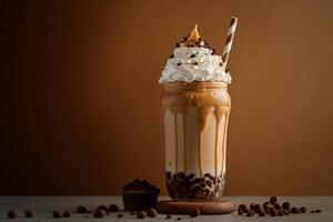 vidro delicioso frappe com açoitado creme e chocolate xarope generativo ai foto