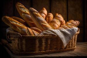 cozido pão baguetes dentro uma cesta, caseira pão generativo ai. foto