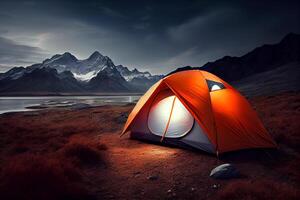 acampamento com uma barraca dentro natureza dentro a montanhas ilustração generativo ai foto