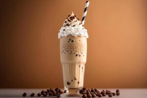 vidro delicioso frappe com açoitado creme e chocolate xarope generativo ai foto