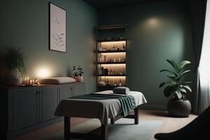 massagem salão, spa quarto com massagem cama para relaxamento generativo ai foto