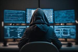 hacker trabalhando atrás computador monitores ilustração generativo ai foto