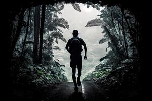 silhueta do a atleta corrida dentro uma Sombrio floresta ilustração generativo ai foto