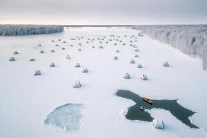 gelo pescaria dentro tendas, inverno campeonato esporte pescaria generativo ai foto