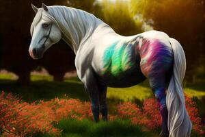 arco Iris colori cavalo dentro a Prado, lindo fada animal ilustração generativo ai foto