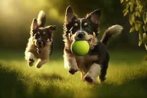 cachorro animal dentro a parque jogando com uma bola em uma verde gramado generativo ai foto