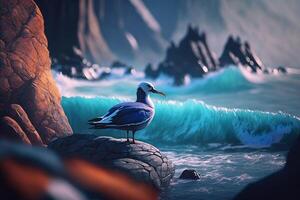azul oceano ondas bate para dentro pedra pedras e solitário pássaro generativo ai foto
