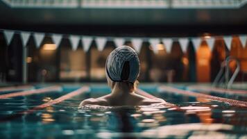 homem dentro natação boné, Esportes natação dentro a piscina costas Visão generativo ai foto