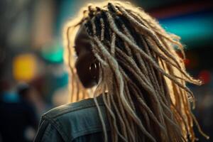 mulher com dreadlocks, Penteado emaranhado cabelo dentro tranças ilustração generativo ai foto