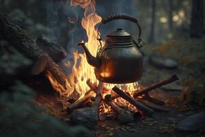 chaleira em uma fogueira dentro a bosques, preparando uma quente beber dentro natureza generativo ai foto