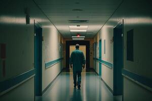 a médico anda em ao longo a esvaziar corredor do a hospital costas Visão ilustração generativo ai foto