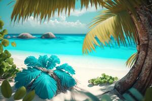 tropical de praia com azul água e Palma árvores, verão panorama ilustração generativo ai foto