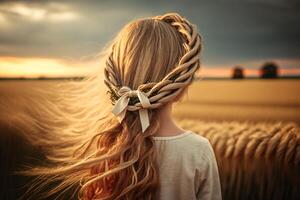 menina com uma trançado trança cabelo dentro uma trigo campo generativo ai foto