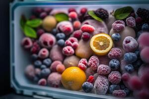 caixa do congeladas bagas e frutas generativo ai foto