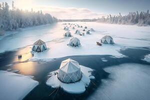 inverno gelo pescaria dentro tendas generativo ai foto