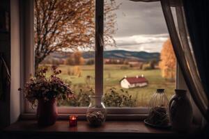 Visão a partir de a janela em a outono panorama generativo ai foto
